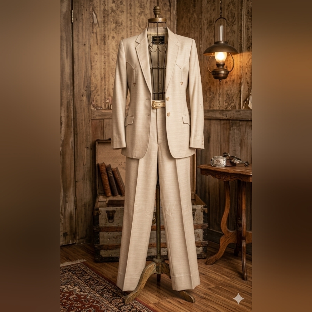 Vintage 70s Circle S Western Suit Set Tan Blazer Pants Smile Pockets USA 16